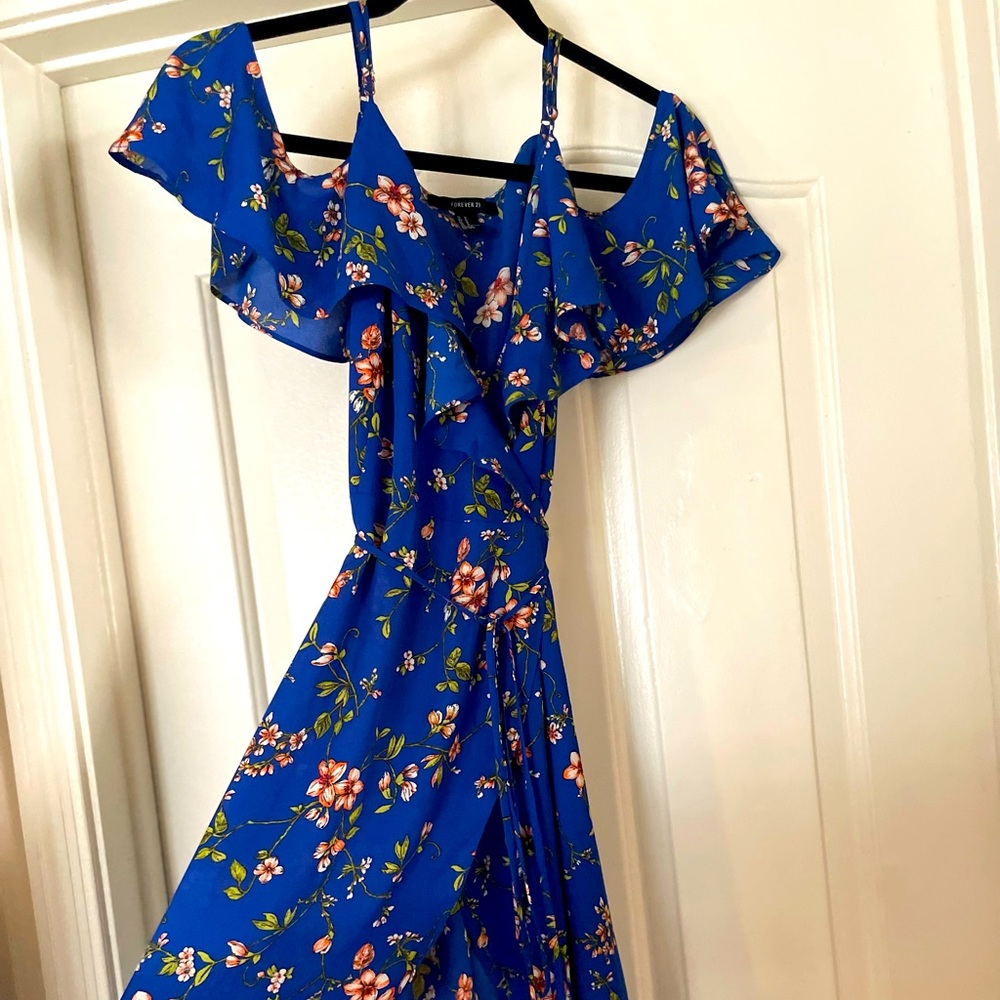 Blue, floral wrap dress